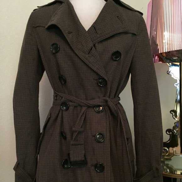 NAVE brown Trench Coat Jacket Sz 6/S GUC plaid - Picture 3 of 5